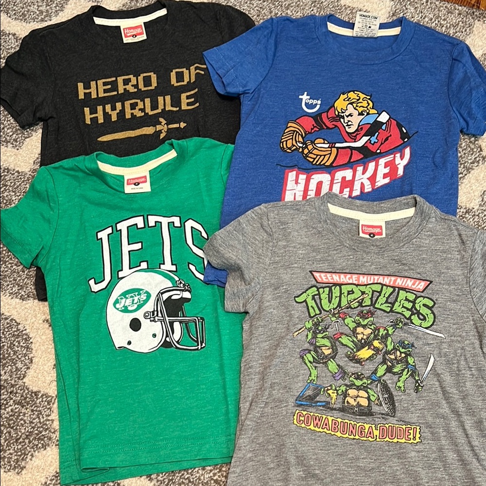 FOUR Homage boys’ graphic t-shirts, size 4 EUC! (TMNT, Zelda, Hockey, NY Jets)